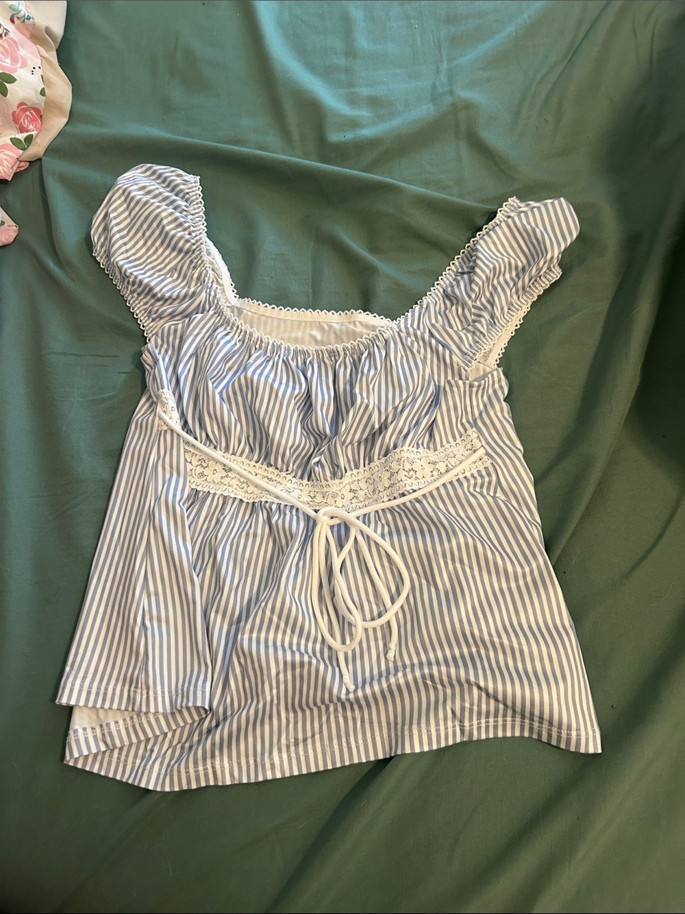 Blue and White Striped Lace Trim Peasant Top